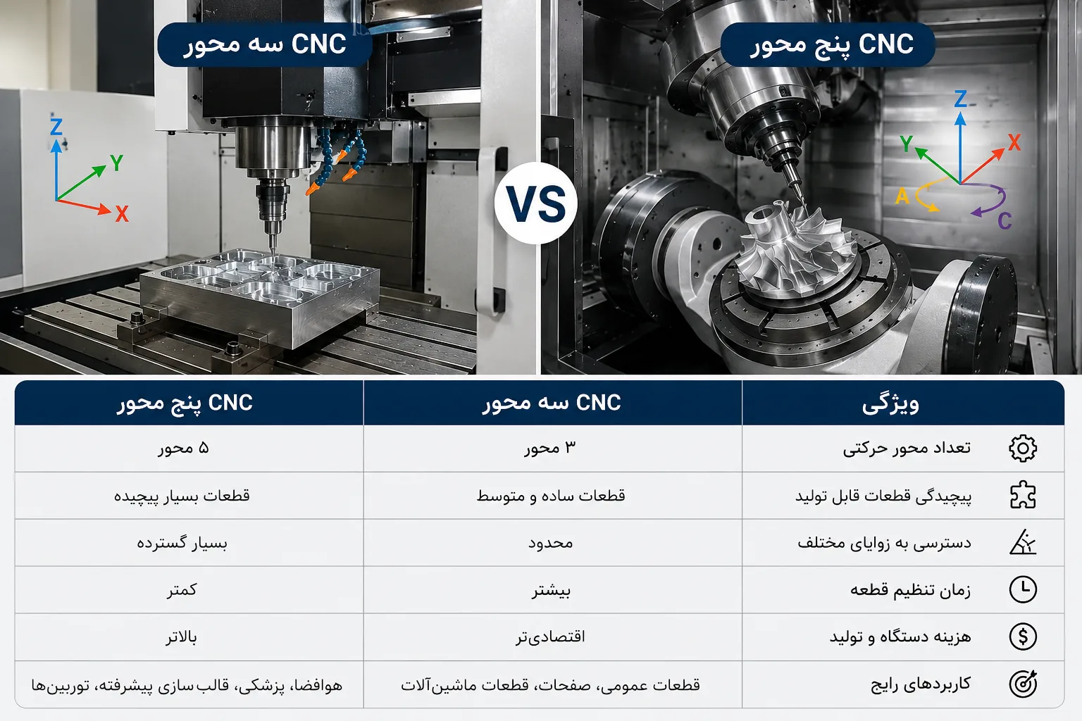 تفاوت دستگاه CNC سه محور و پنج محور چیست؟
